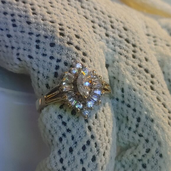Cluster Ring Gold Plated over 925 Sterling Silver Marquise Cut Cubic Zirconia - Picture 9 of 9